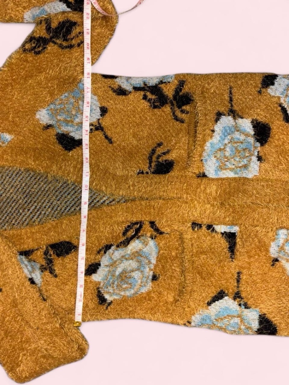 Charlotte Russe Mustard Fuzzy Floral Cardigan with Blue and Black Accents - Picture 6 of 8